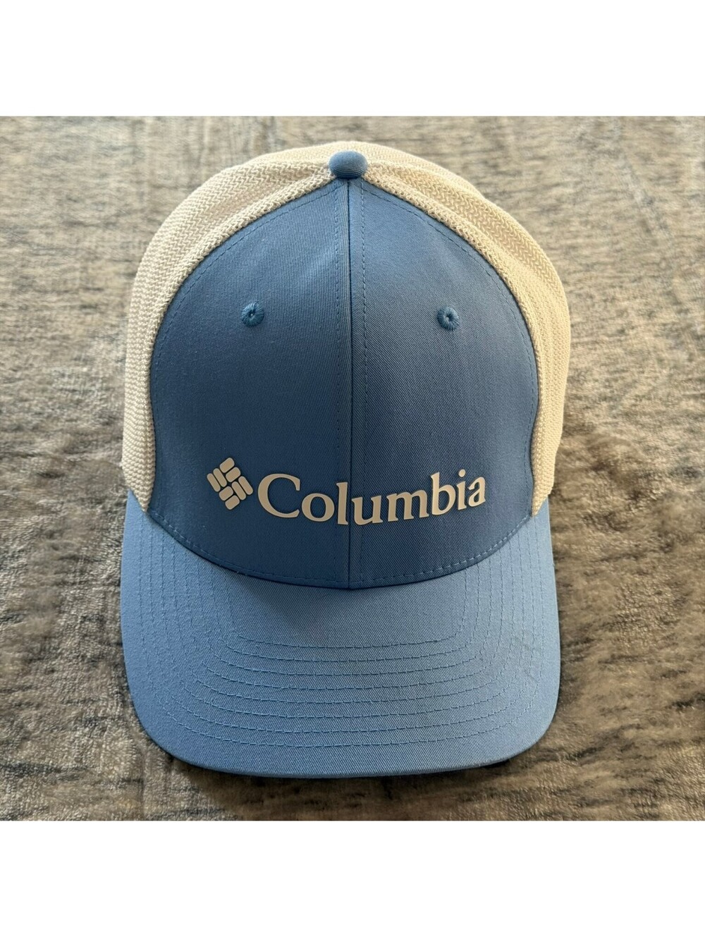 Columbia Trucker Hat Flexfit Baseball Cap Men's L/XL Blue Cream Stretch Fit